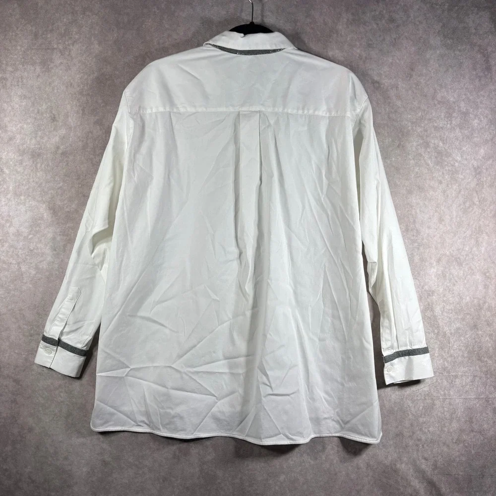 Lafayette 148 Button Down Shirt Womens‎ Small White Beaded Trim Long Sleeve Top - Picture 6 of 10